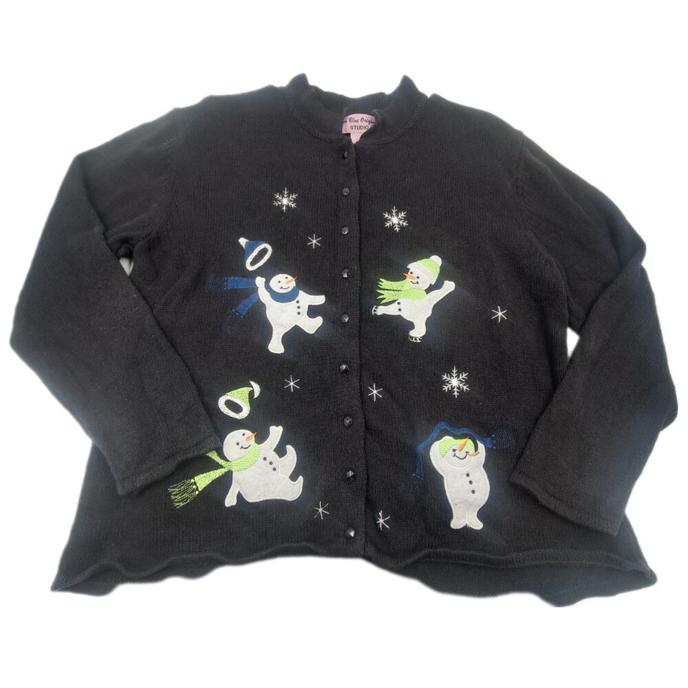Vintage Christmas Snowman Knit Cardigan Sweater Black  Women  XL